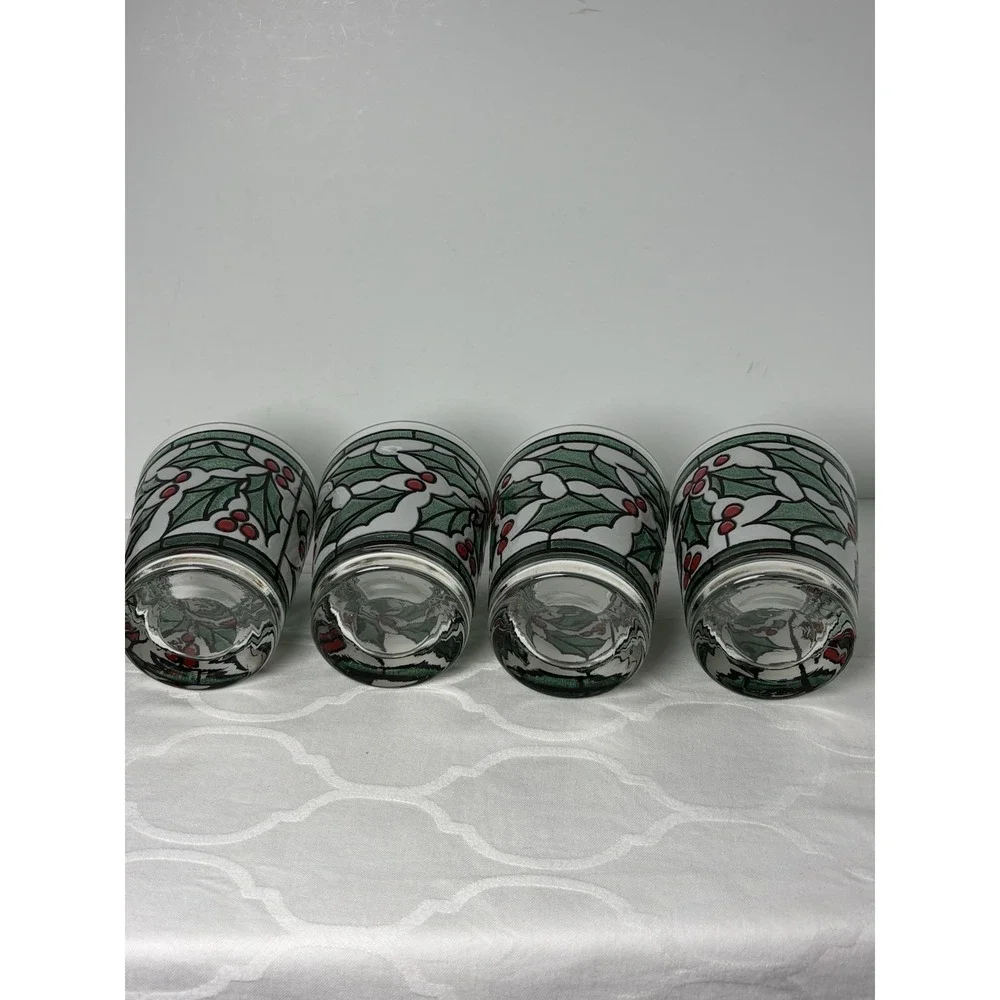 4 West Virginia Snowy Holly Berry Stained Glass On Rocks Christmas Glasses Set